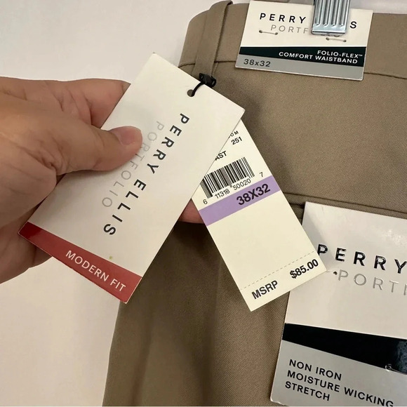 NWT Perry Ellis Portfolio Mens Pants 38x32 Khaki Folio Flex Comfort Waistband - Picture 10 of 14